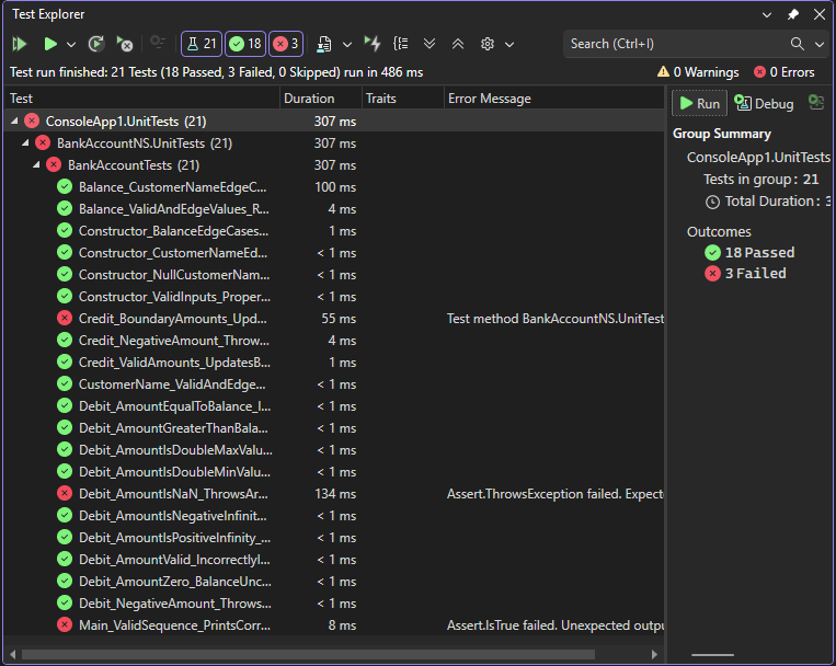 Zrzut ekranu przedstawiający dane wyjściowe Eksploratora testów.