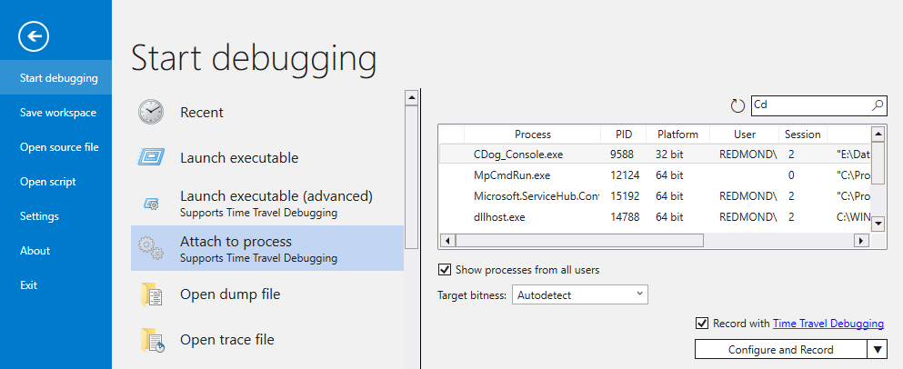 Zrzut ekranu programu WinDbg, w którym wyświetlane jest pole wyboru 