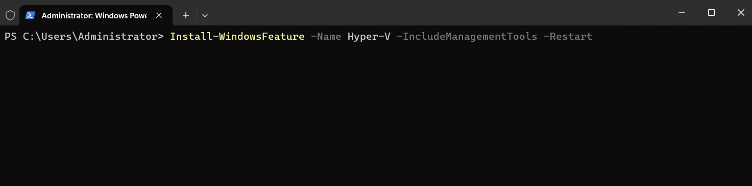 Zrzut ekranu przedstawiający okno programu PowerShell po uruchomieniu polecenia w celu zainstalowania Hyper-V w systemie Windows Server.