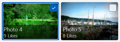 Obraz w widoku elementów z niebieskim obramowaniem i zaznaczonym polem wyboru wskazującym zaznaczenie, obok niezaznaczonego obrazu bez obramowania i niezaznaczonego pola wyboru.