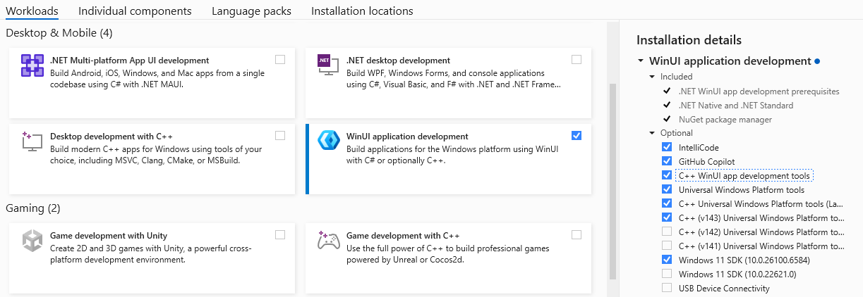  Zrzut ekranu przedstawiający interfejs użytkownika instalatora Visual Studio z wybranym obciążeniem tworzenia aplikacji WinUI.