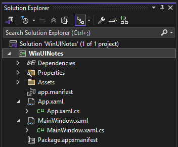 Eksplorator rozwiązań pokazujące pliki projektu WinUI w Visual Studio.