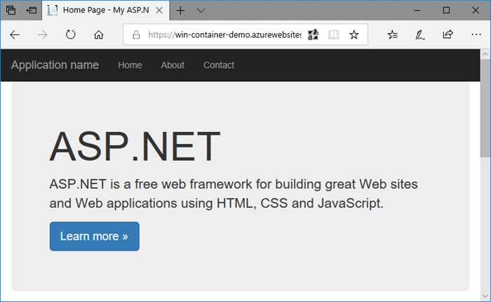 Captura de tela que mostra um contêiner personalizado do Windows em execução.