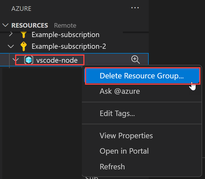 Uma captura de tela da navegação do Visual Studio Code usada para excluir um recurso que contém recursos do Serviço de Aplicativo.