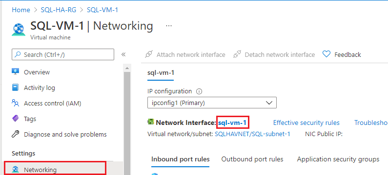 Captura de tela da página de rede da máquina virtual no portal do Azure com o campo de interface de rede selecionado.