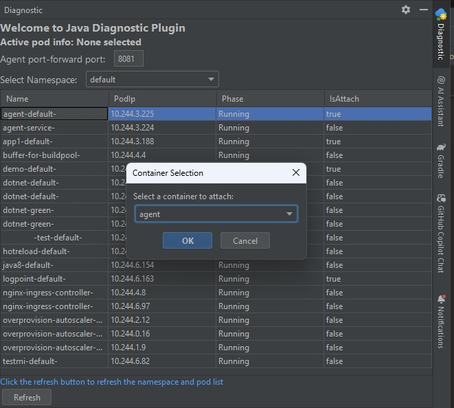 Captura de tela do IntelliJ IDEA que mostra a guia Diagnóstico com a caixa de diálogo Seleção de Contêiner aberta.