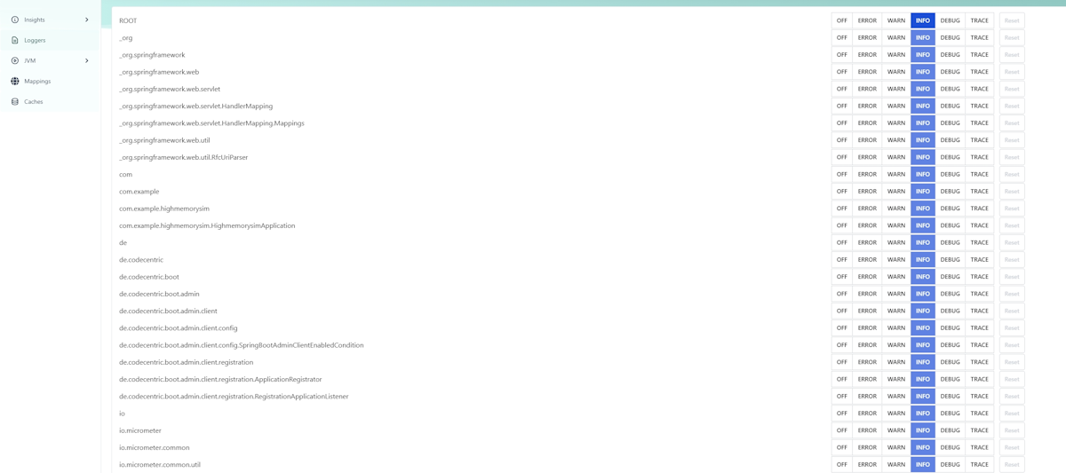 Captura de tela da página do painel do Spring Boot Admin que mostra a seção Registradores.