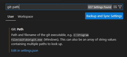 Captura de tela da barra de pesquisa de configurações do Visual Studio Code para o caminho do Git.