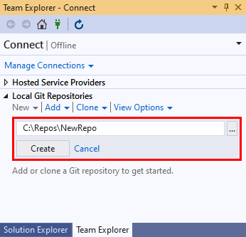 Captura de tela do caminho do novo repositório e botão Criar na seção 'Repositórios Git Locais' da visão 'Conectar' do 'Team Explorer' no Visual Studio 2019.