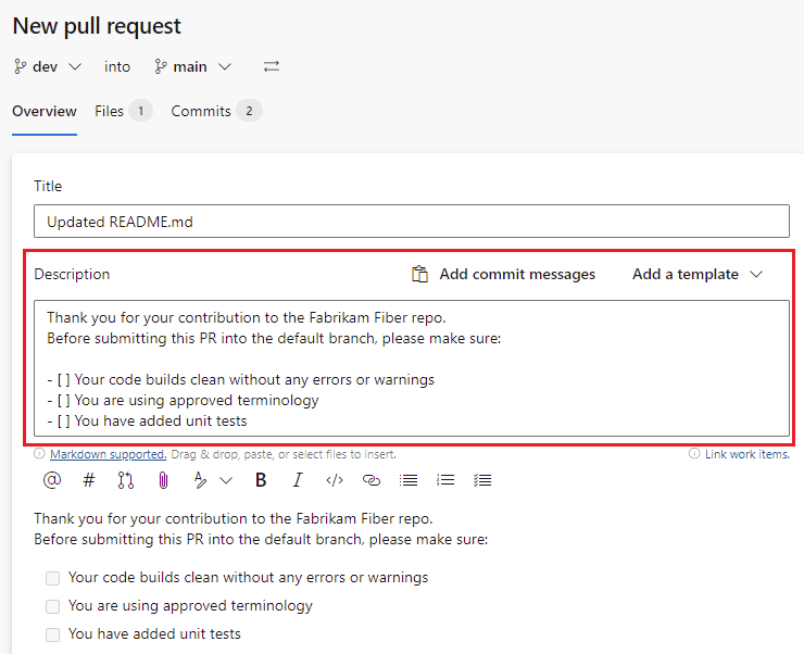 Modelo de solicitação de pull padrão