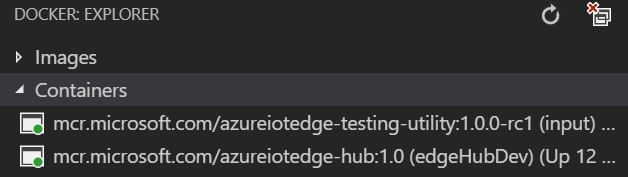 Screenshot mostrando o status do módulo do simulador no painel do Docker Explorer de Visual Studio Code.