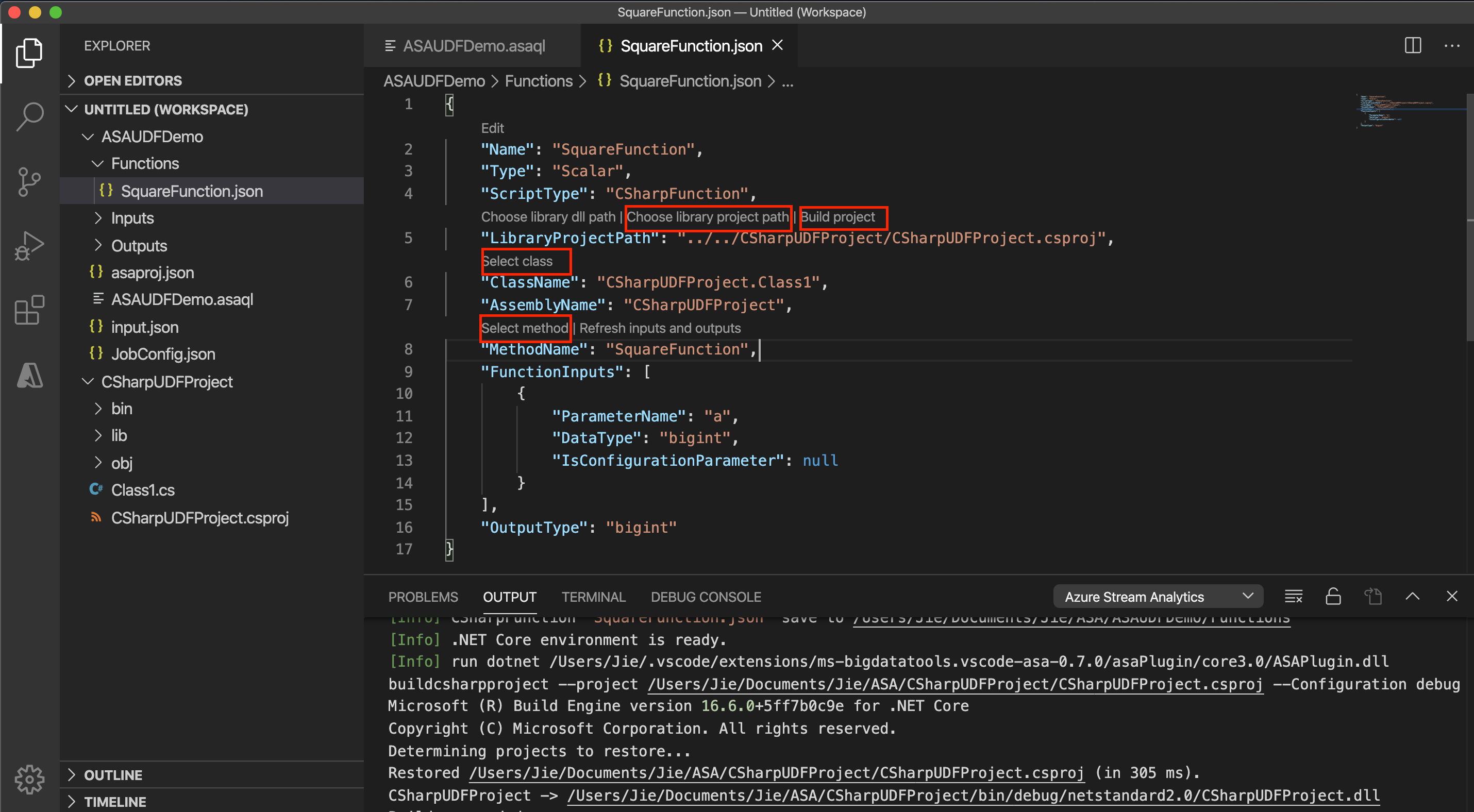 Configuração de função C# do Stream Analytics no VS Code