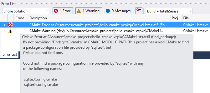 Captura de tela de um erro do C Make na lista de erros do Visual Studio.