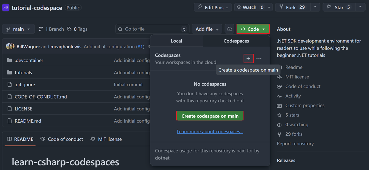 Criar um novo Codespace a partir do repositório de tutoriais