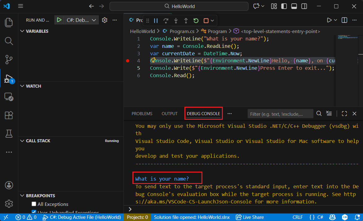 Selecione a guia Console de Depuração