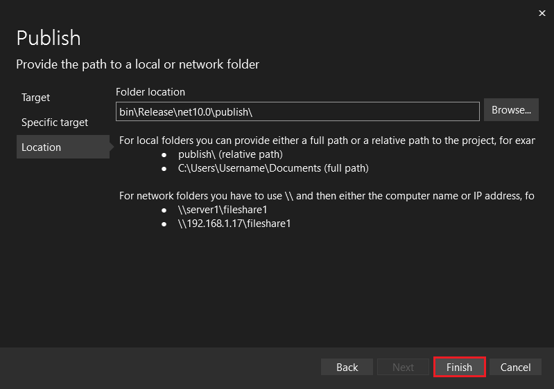 Visual Studio Aba Localização da página Publicar.
