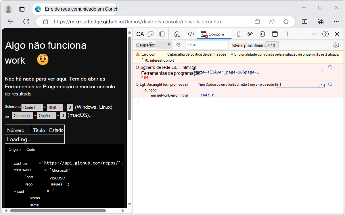 A consola apresenta uma Rede e um erro javaScript