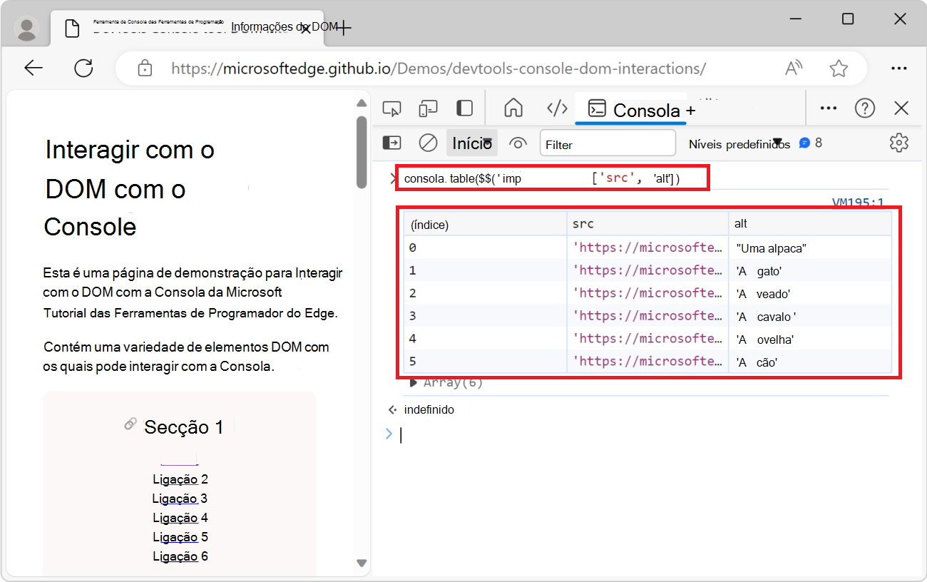 A ferramenta de consola, a mostrar a função console.table() e uma tabela a listar todas as imagens