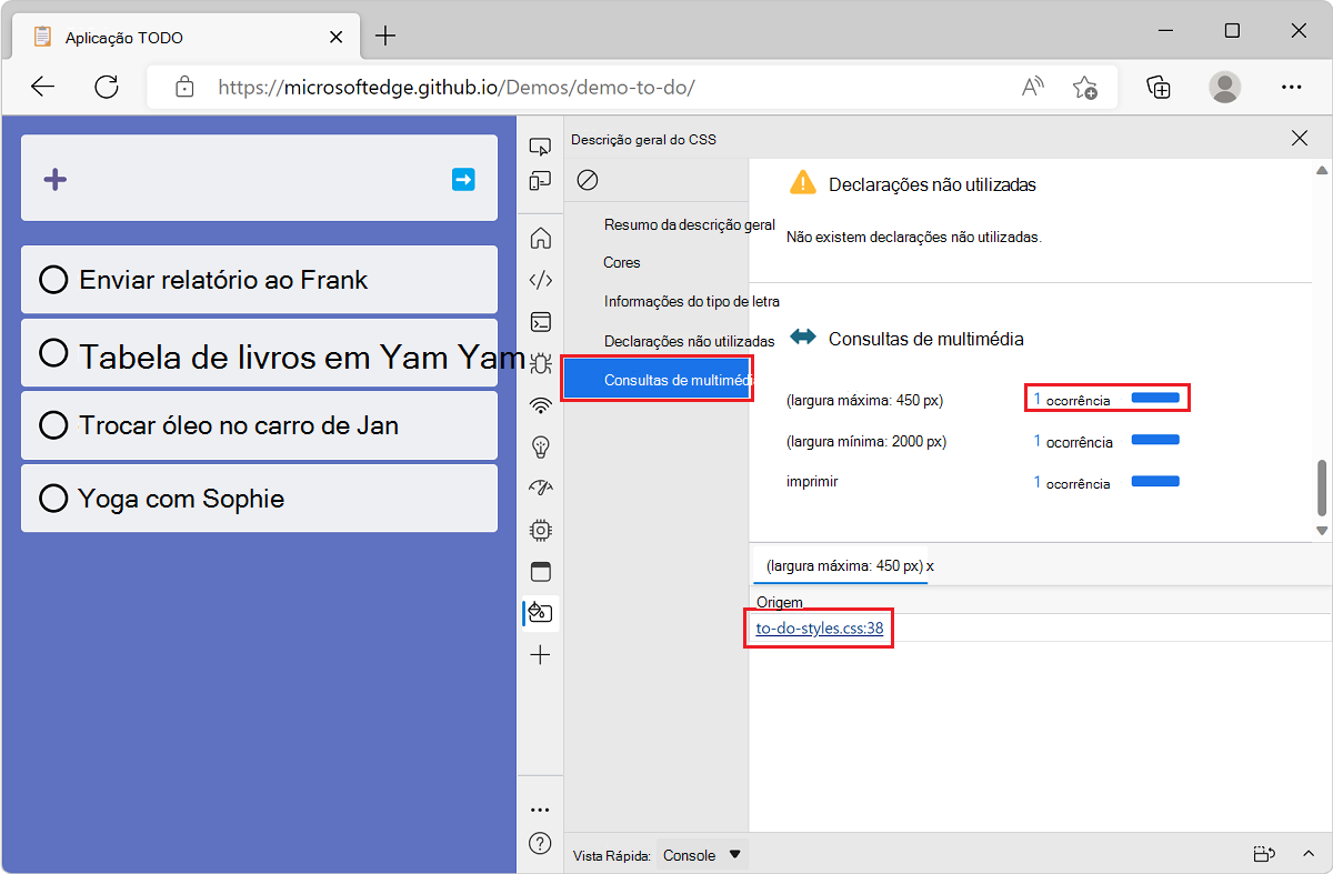 Microsoft Edge, com a aplicação de demonstração lista TODO e DevTools, a mostrar a secção de consultas multimédia da ferramenta Descrição Geral e a lista de ficheiros que contêm uma determinada consulta multimédia