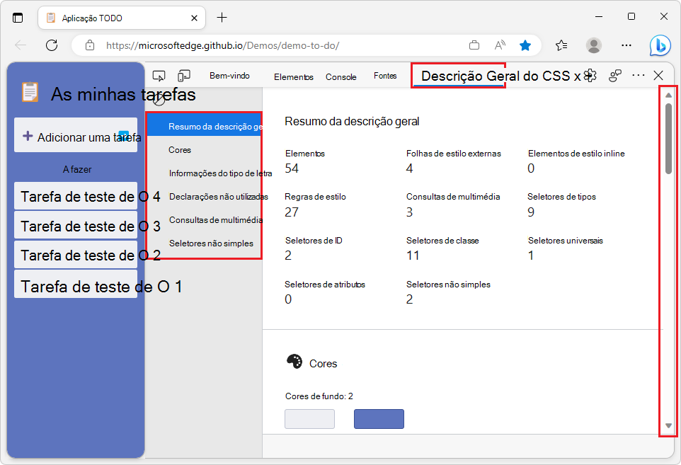 Aplicação de demonstração TODO à esquerda, relatório de descrição geral do CSS de DevTools à direita com uma lista clicável de secções e barra de deslocamento