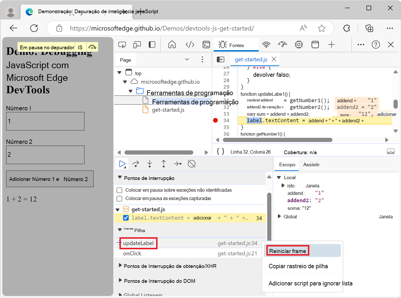 Selecionar Reiniciar frame