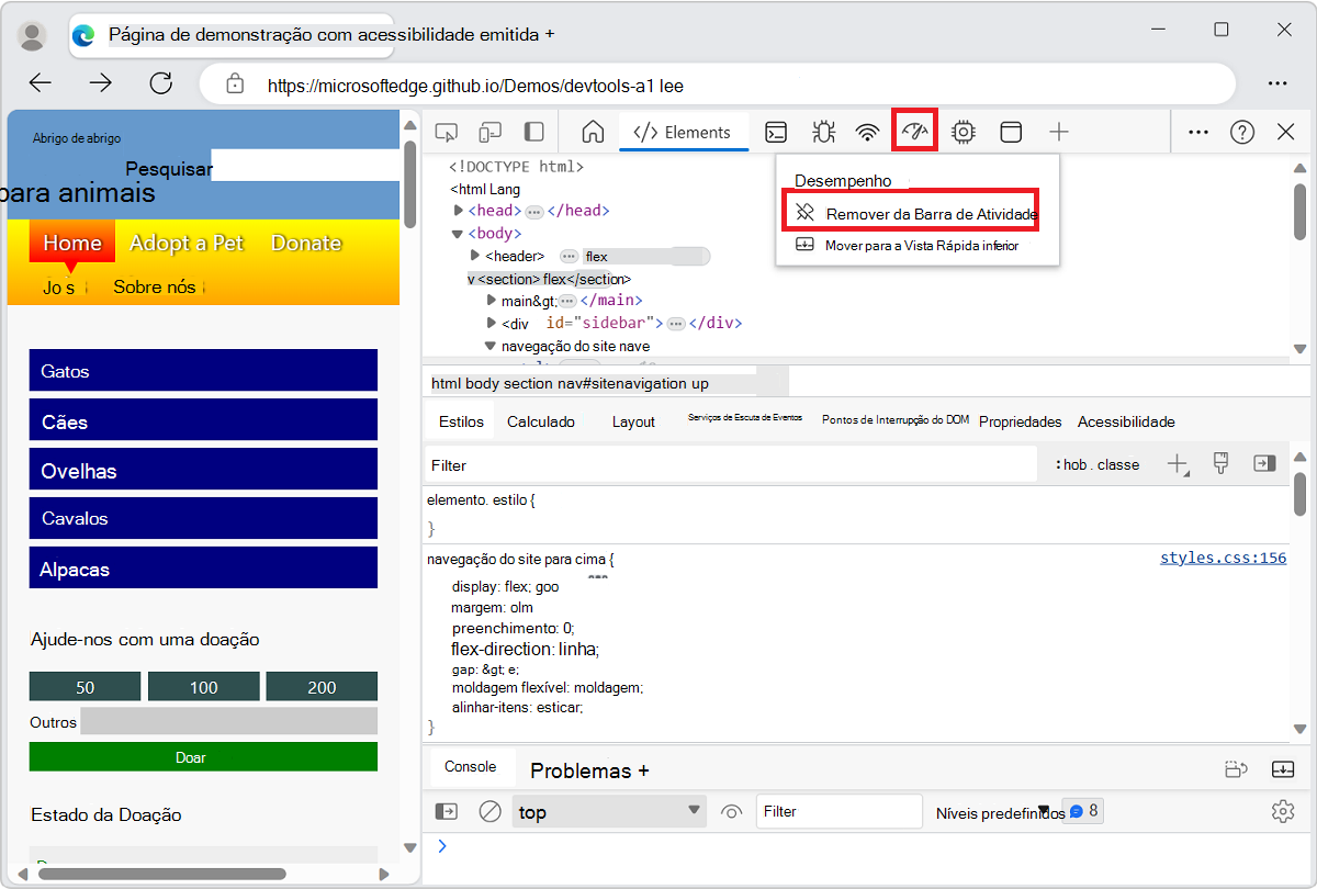O menu de contexto do separador da ferramenta Desempenho para remover a ferramenta da Barra de Atividade