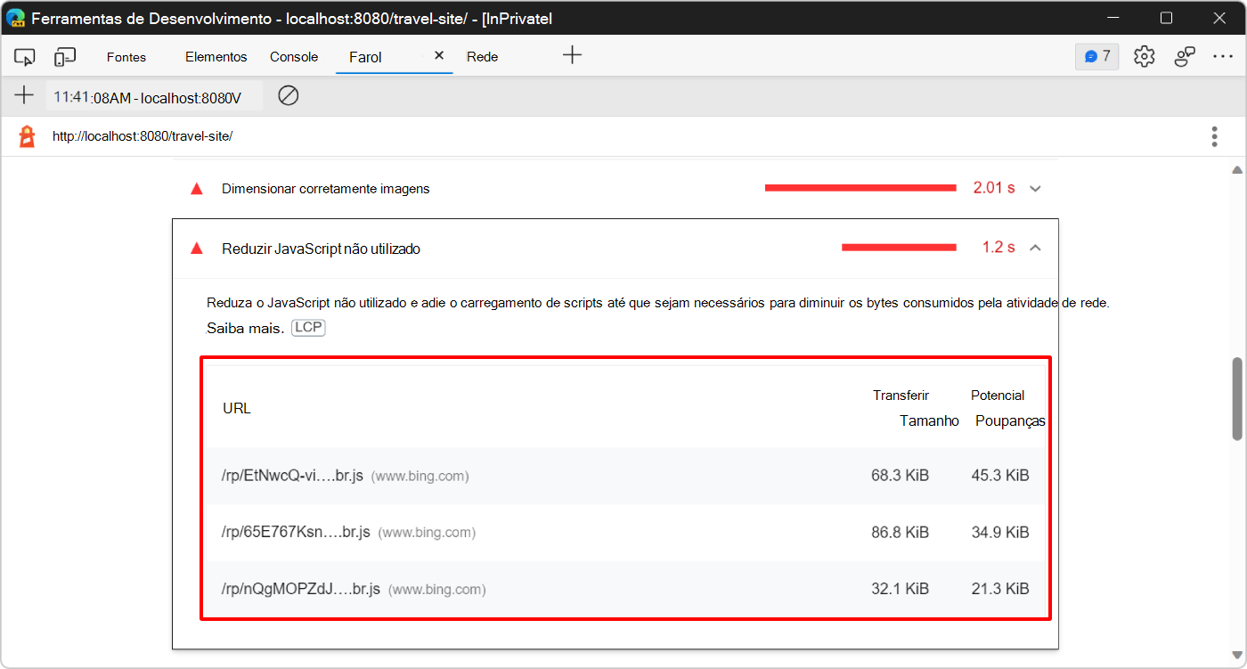 A secção oportunidade do Lighthouse a mostrar as mensagens JavaScript não utilizadas