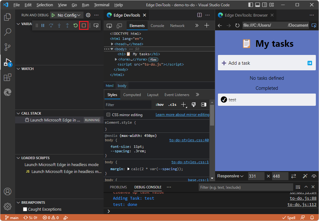 O botão Parar na barra de ferramentas Depurar