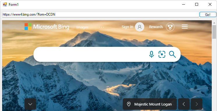 A aplicação apresenta o URL na Barra de endereço
