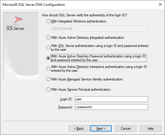 A tela de criação e edição de DSN com a autenticação de senha do Microsoft Entra selecionada.