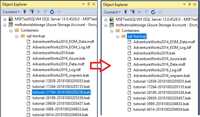 Captura de tela do navegador de armazenamento SQL Server Management Studios mostrando contêineres do Azure e a exclusão do blob de backup do log de transações.