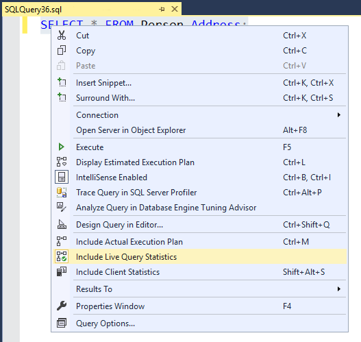 Screenshot do SQL Server Management Studio, mostrando o botão Estatísticas de Consulta Ao Vivo no menu pop-up.