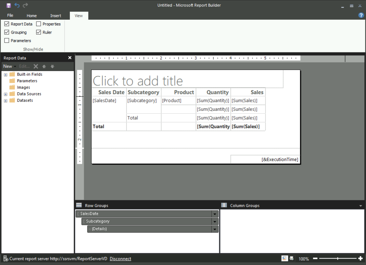 Captura de tela do novo relatório de tabela aberto na superfície do design no Report Builder.