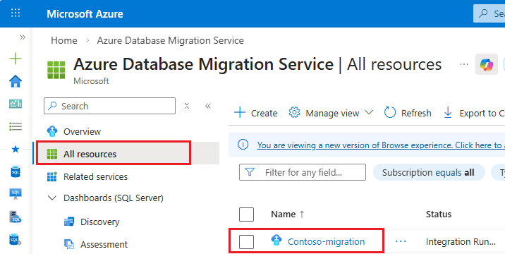 Screenshot da página de todos os recursos do DMS no portal Azure.
