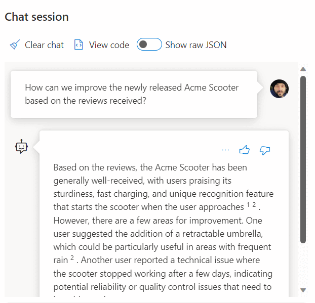Screenshot de um bot de IA respondendo à pergunta usando dados armazenados em SQL Server.
