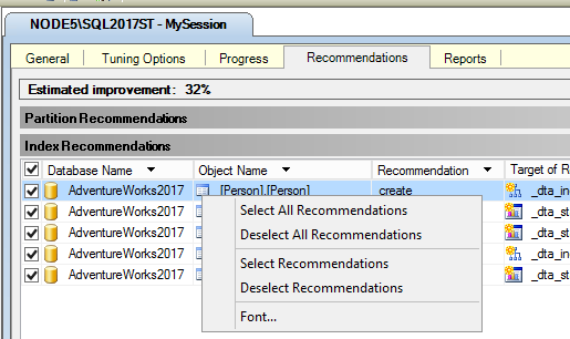 Captura de tela do menu Seleção para recomendação de índice.