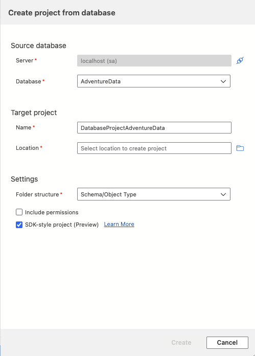 Captura de tela da caixa de diálogo Criar projeto a partir de banco de dados no Visual Studio Code.