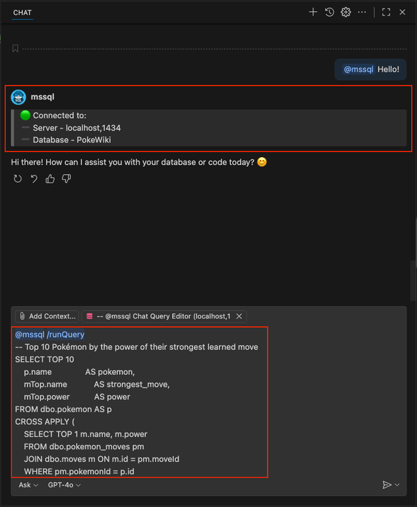 Captura de tela mostrando o comando de barra /runQuery com SQL para pokémons avançados.