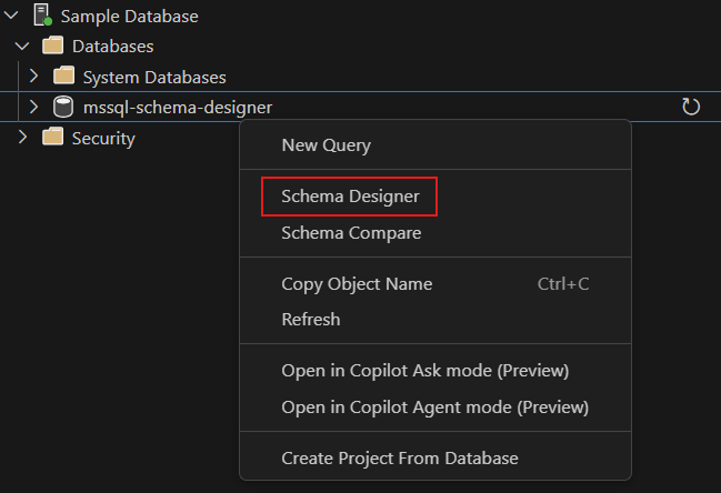 Captura de tela do ponto de entrada para abrir o designer de esquema na extensão MSSQL do Visual Studio Code.