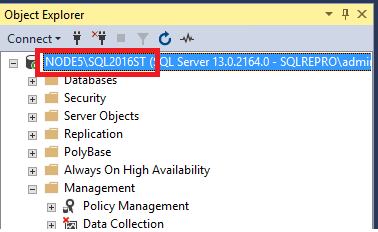 Captura de tela do nome da instância do SQL Server no Pesquisador de Objetos.