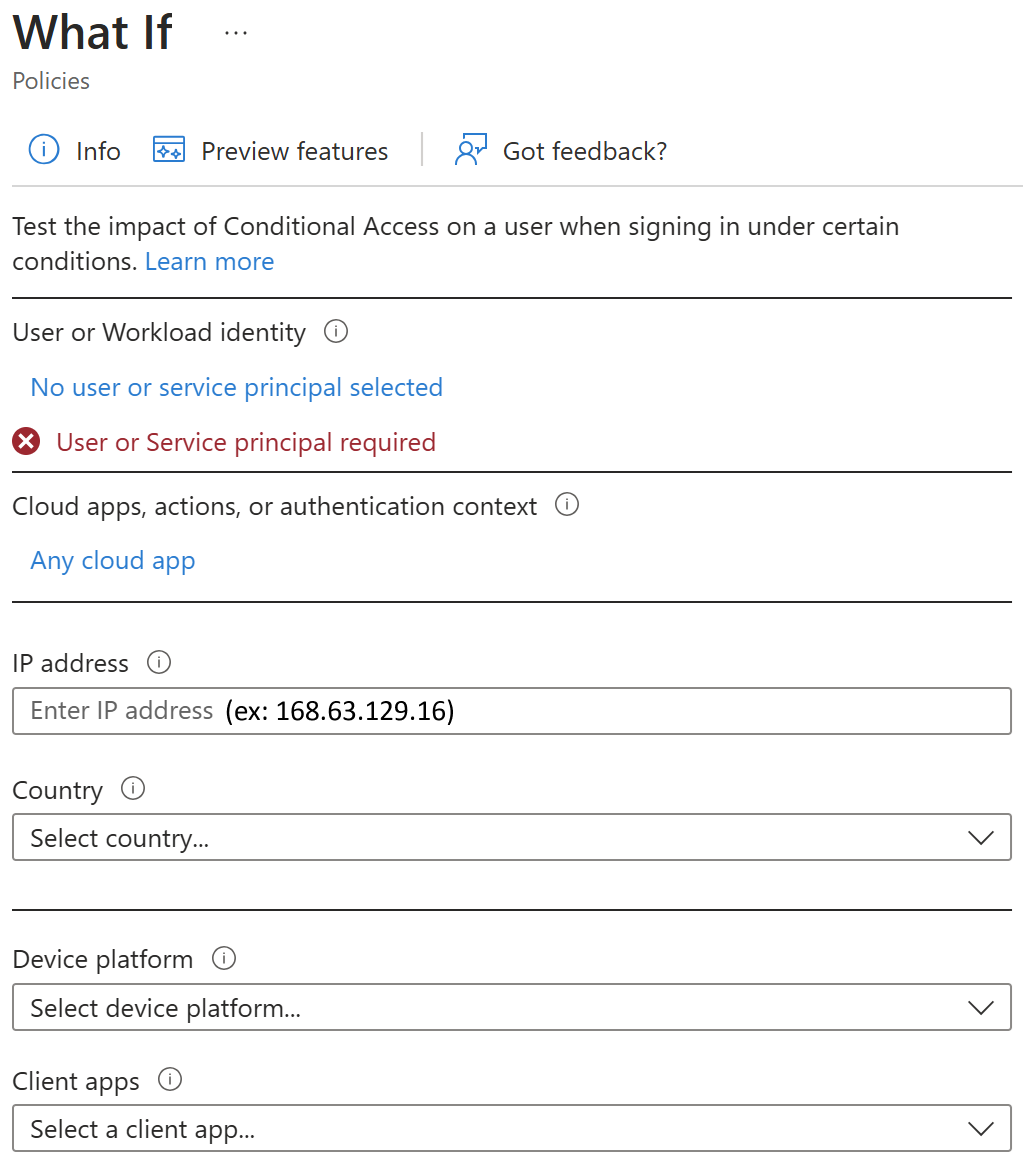 Captura de tela dos resultados da ferramenta What If de acesso condicional.