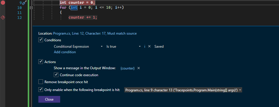 Captura de tela mostrando habilitar quando um ponto de interrupção é atingido.