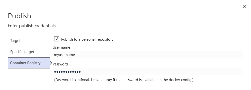 Captura de tela mostrando a opção de publicar no Hub do Docker.