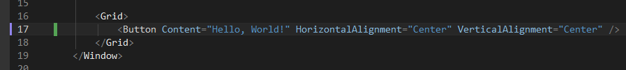 Captura de tela mostrando 'Button' realçado no editor XAML.