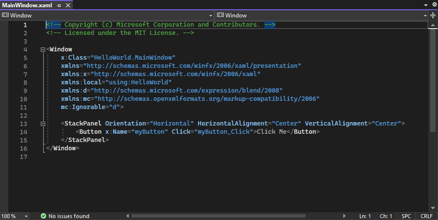 Captura de tela mostrando MainWindow.xaml aberto no IDE do Visual Studio 2022. O painel Editor XAML mostra a marcação XAML da janela.