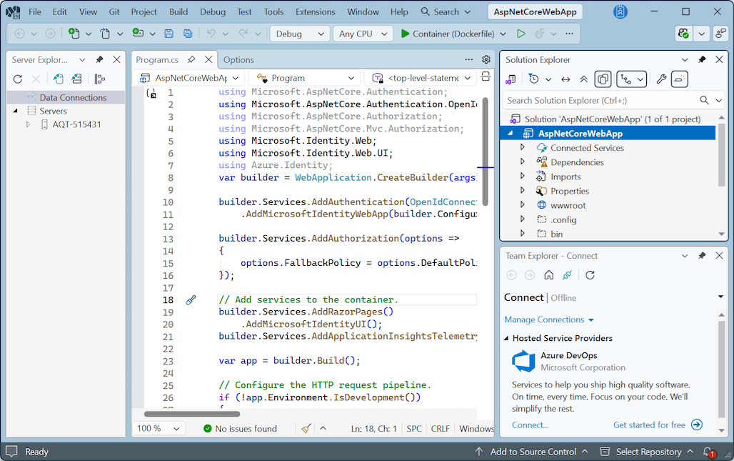 Screenshot que mostra Visual Studio no tema Cool Breeze.