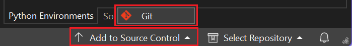 Captura de tela que mostra como acessar o controle de origem Git a partir de Adicionar ao Controle de Origem no Visual Studio.