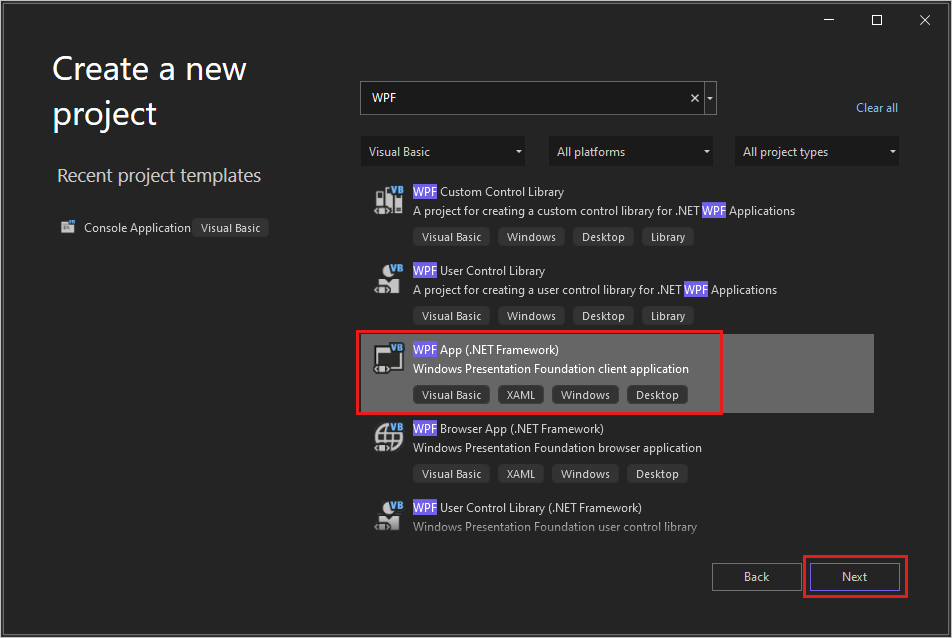 Screenshot da caixa de diálogo 'Criar um novo projeto' com 'WPF' inserido na caixa de pesquisa, 'Visual Basic' selecionado na lista de idiomas e o modelo de projeto 'WPF App (.NET Framework)' realçado.