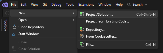 Captura de tela da seleção Arquivo > Novo > Projeto da barra de menus do Visual Studio.