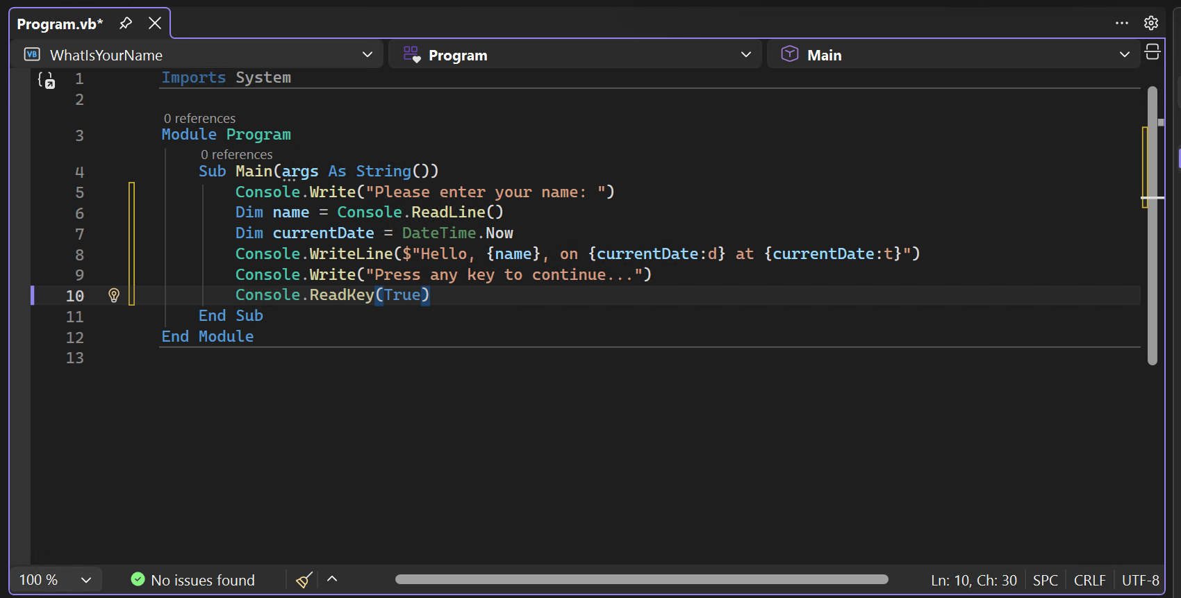 Captura de tela mostrando o código do arquivo 'Program.vb' no projeto 'WhatIsYourName' carregado no editor de código do Visual Basic.
